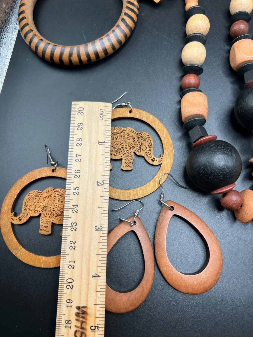 9 pc Lot Safari Theme Jewelry Collection Wood Carved Browns Black Vintage To Now